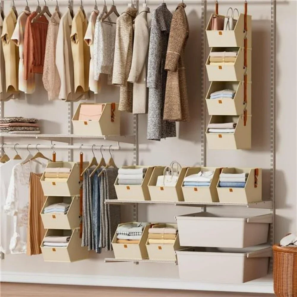 Hanging closet organizer 4 tier shelves with fabric storage bins bedroom dorm RV